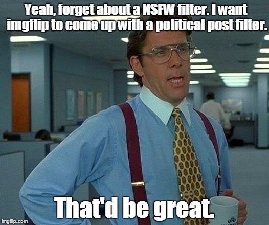 That Would Be Great | Yeah, forget about a NSFW filter. I want imgflip to come up with a political post filter. That'd be great. | image tagged in memes,that would be great | made w/ Imgflip meme maker