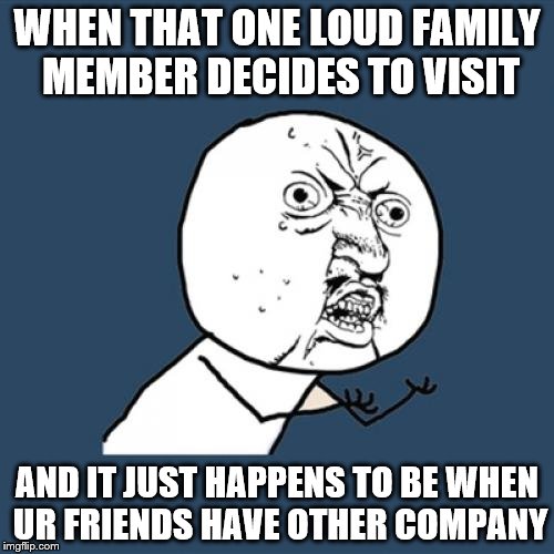 Y U No | WHEN THAT ONE LOUD FAMILY MEMBER DECIDES TO VISIT; AND IT JUST HAPPENS TO BE WHEN UR FRIENDS HAVE OTHER COMPANY | image tagged in memes,y u no | made w/ Imgflip meme maker