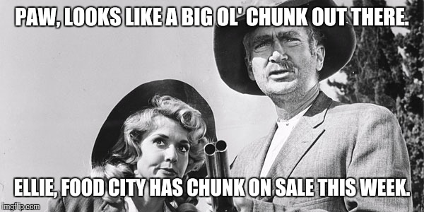 Beverly Hillbillies | PAW, LOOKS LIKE A BIG OL' CHUNK OUT THERE. ELLIE, FOOD CITY HAS CHUNK ON SALE THIS WEEK. | image tagged in beverly hillbillies | made w/ Imgflip meme maker