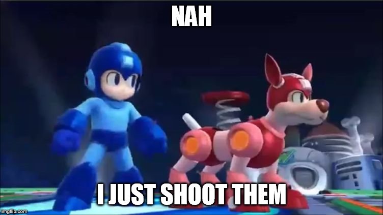 Megaman and Rush | NAH I JUST SHOOT THEM | image tagged in megaman and rush | made w/ Imgflip meme maker