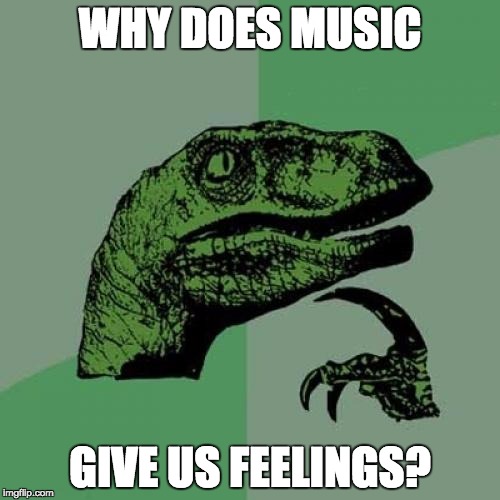 Philosoraptor Meme | WHY DOES MUSIC; GIVE US FEELINGS? | image tagged in memes,philosoraptor | made w/ Imgflip meme maker