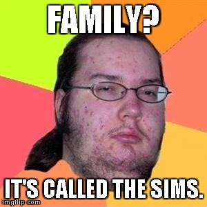 fat gamer | FAMILY? IT'S CALLED THE SIMS. | image tagged in fat gamer | made w/ Imgflip meme maker