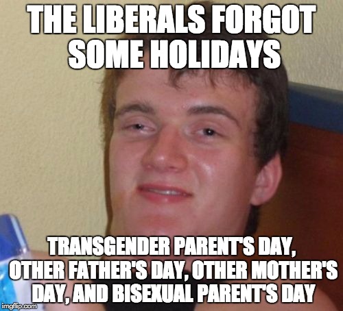 10 Guy Meme | THE LIBERALS FORGOT SOME HOLIDAYS; TRANSGENDER PARENT'S DAY, OTHER FATHER'S DAY, OTHER MOTHER'S DAY, AND BISEXUAL PARENT'S DAY | image tagged in memes,10 guy | made w/ Imgflip meme maker