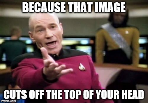 Picard Wtf Meme | BECAUSE THAT IMAGE CUTS OFF THE TOP OF YOUR HEAD | image tagged in memes,picard wtf | made w/ Imgflip meme maker