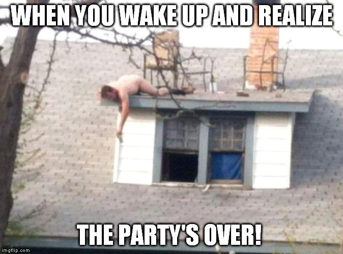 Hell yeah | WHEN YOU WAKE UP AND REALIZE; THE PARTY'S OVER! | image tagged in hell yeah | made w/ Imgflip meme maker