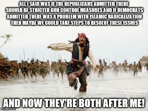 Jack Sparrow Being Chased | ALL I SAID WAS IF THE REPUBLICANS ADMITTED THERE SHOULD BE STRICTER GUN CONTROL MEASURES AND IF DEMOCRATS ADMITTED THERE WAS A PROBLEM WITH ISLAMIC RADICALIZATION THEN MAYBE WE COULD TAKE STEPS TO RESOLVE THESE ISSUES; AND NOW THEY'RE BOTH AFTER ME! | image tagged in memes,jack sparrow being chased | made w/ Imgflip meme maker