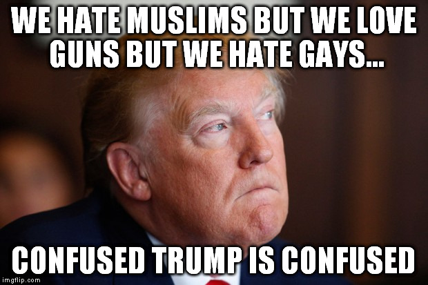 WE HATE MUSLIMS BUT WE LOVE GUNS BUT WE HATE GAYS... CONFUSED TRUMP IS CONFUSED | image tagged in trump,muslims,guns,gay | made w/ Imgflip meme maker