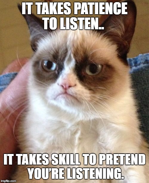 Grumpy Cat the Communicator | IT TAKES PATIENCE TO LISTEN.. IT TAKES SKILL TO PRETEND YOU’RE LISTENING. | image tagged in memes,grumpy cat,funny | made w/ Imgflip meme maker