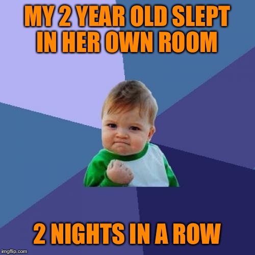We put her in the toddler bed every night, but she sneaks into our bed before morning so this is huge for us! | MY 2 YEAR OLD SLEPT IN HER OWN ROOM; 2 NIGHTS IN A ROW | image tagged in memes,success kid,lynch1979 | made w/ Imgflip meme maker