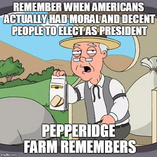 Pepperidge Farm Remembers | REMEMBER WHEN AMERICANS ACTUALLY HAD MORAL AND DECENT PEOPLE TO ELECT AS PRESIDENT; PEPPERIDGE FARM REMEMBERS | image tagged in memes,pepperidge farm remembers | made w/ Imgflip meme maker