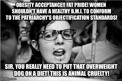 Feminist | OBESITY ACCEPTANCE!! FAT PRIDE! WOMEN SHOULDN'T HAVE A HEALTHY B.M.I. TO CONFORM TO THE PATRIARCHY'S OBJECTIFICATION STANDARDS! SIR, YOU REALLY NEED TO PUT THAT OVERWEIGHT DOG ON A DIET! THIS IS ANIMAL CRUELTY! | image tagged in feminist | made w/ Imgflip meme maker