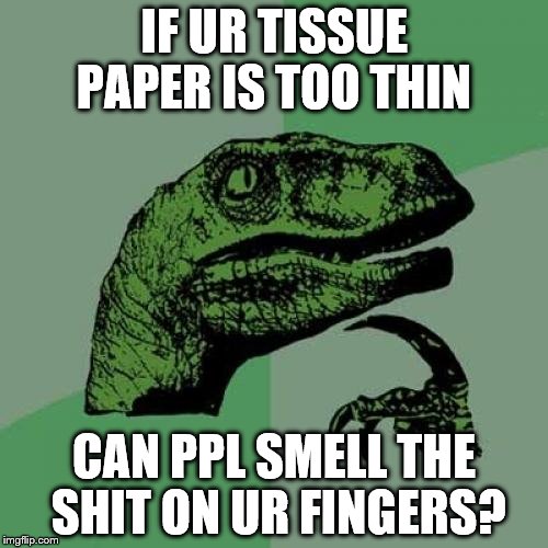Philosoraptor Meme | IF UR TISSUE PAPER IS TOO THIN; CAN PPL SMELL THE SHIT ON UR FINGERS? | image tagged in memes,philosoraptor | made w/ Imgflip meme maker