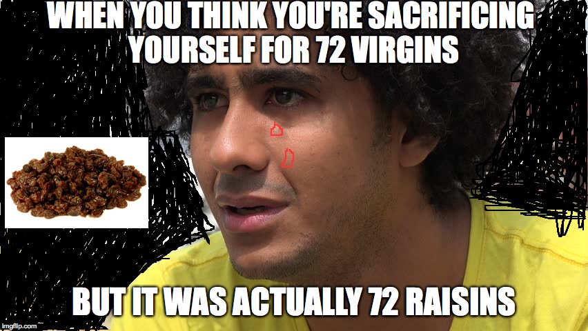 Radicals....  | WHEN YOU THINK YOU'RE SACRIFICING YOURSELF FOR 72 VIRGINS; BUT IT WAS ACTUALLY 72 RAISINS | image tagged in memes,funny,dumb people,lol,radical islam,idiots | made w/ Imgflip meme maker