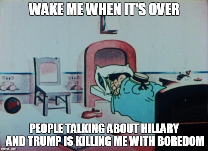 WAKE ME WHEN IT'S OVER; PEOPLE TALKING ABOUT HILLARY AND TRUMP IS KILLING ME WITH BOREDOM | image tagged in memes | made w/ Imgflip meme maker