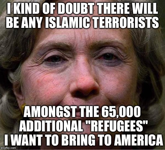 I KIND OF DOUBT THERE WILL BE ANY ISLAMIC TERRORISTS AMONGST THE 65,000 ADDITIONAL "REFUGEES" I WANT TO BRING TO AMERICA | made w/ Imgflip meme maker