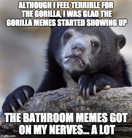 A serious issue when one is killed...
vs a serious issue when people kill themselves... | ALTHOUGH I FEEL TERRIBLE FOR THE GORILLA, I WAS GLAD THE GORILLA MEMES STARTED SHOWING UP; THE BATHROOM MEMES GOT ON MY NERVES... A LOT | image tagged in memes,confession bear | made w/ Imgflip meme maker
