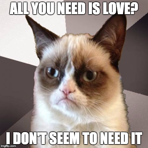 Template from OlympianProduct :) | ALL YOU NEED IS LOVE? I DON'T SEEM TO NEED IT | image tagged in musically malicious grumpy cat,memes,funny memes,funny,cats,the beatles | made w/ Imgflip meme maker