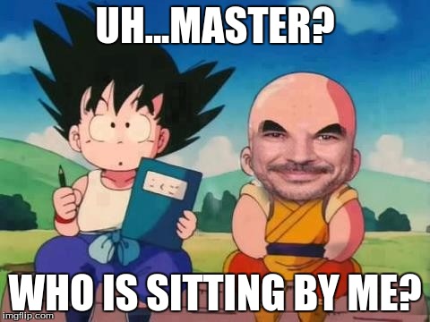 Kid Goku Sitting with a weirdo  | UH...MASTER? WHO IS SITTING BY ME? | image tagged in dragonball,kid goku,krillin | made w/ Imgflip meme maker