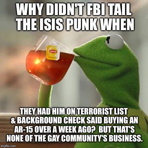 Why wasn't this terrorist stopped? | WHY DIDN'T FBI TAIL THE ISIS PUNK WHEN; THEY HAD HIM ON TERRORIST LIST & BACKGROUND CHECK SAID BUYING AN AR-15 OVER A WEEK AGO?  BUT THAT'S NONE OF THE GAY COMMUNITY'S BUSINESS. | image tagged in memes,but thats none of my business,kermit the frog,isis muslim terrorist,gay victims,orlando | made w/ Imgflip meme maker