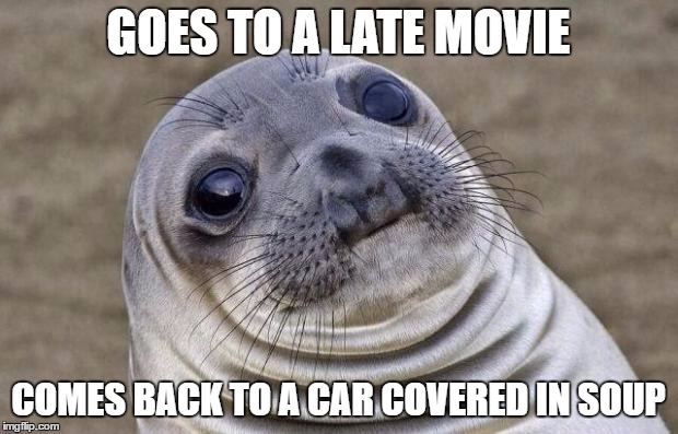 Awkward Moment Sealion Meme | GOES TO A LATE MOVIE; COMES BACK TO A CAR COVERED IN SOUP | image tagged in memes,awkward moment sealion | made w/ Imgflip meme maker