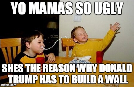 Yo Mamas So Fat Meme | YO MAMAS SO UGLY; SHES THE REASON WHY DONALD TRUMP HAS TO BUILD A WALL | image tagged in memes,yo mamas so fat | made w/ Imgflip meme maker