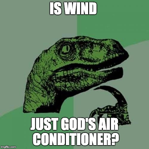 Philosoraptor | IS WIND; JUST GOD'S AIR CONDITIONER? | image tagged in memes,philosoraptor | made w/ Imgflip meme maker