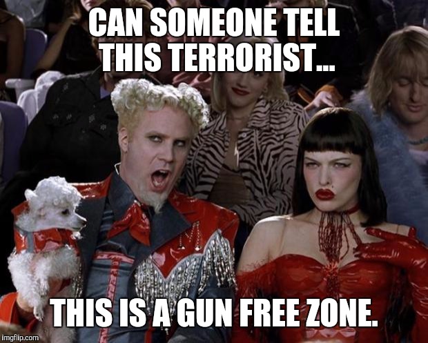 Mugatu So Hot Right Now | CAN SOMEONE TELL THIS TERRORIST... THIS IS A GUN FREE ZONE. | image tagged in memes,mugatu so hot right now | made w/ Imgflip meme maker