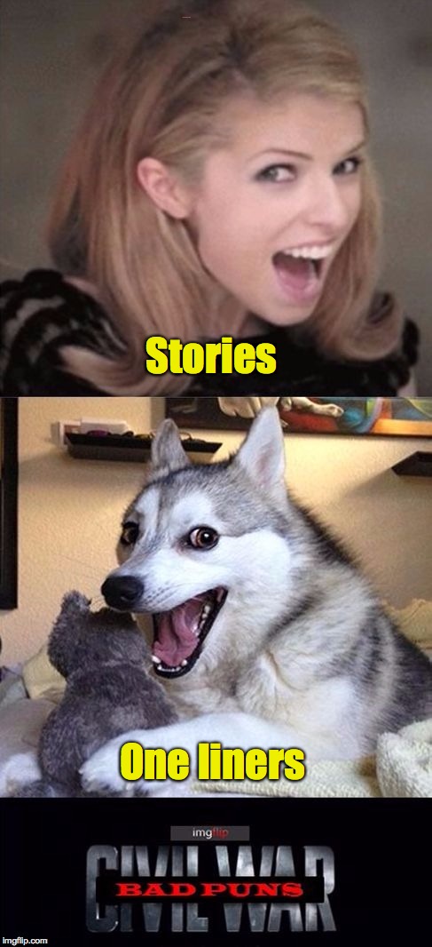 Which type of pun do you favor? | Stories; One liners | image tagged in bad pun wars | made w/ Imgflip meme maker