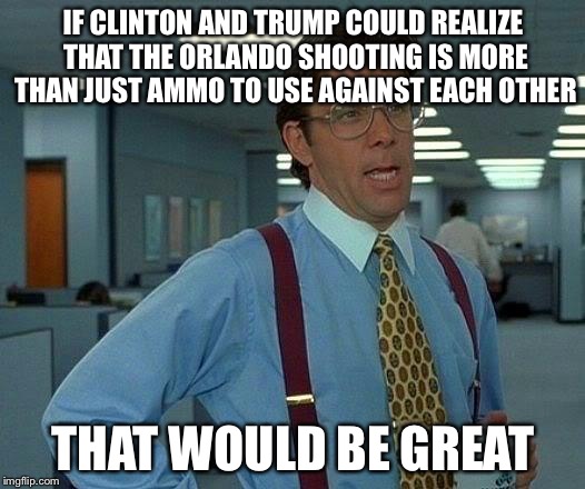 That Would Be Great | IF CLINTON AND TRUMP COULD REALIZE THAT THE ORLANDO SHOOTING IS MORE THAN JUST AMMO TO USE AGAINST EACH OTHER; THAT WOULD BE GREAT | image tagged in memes,that would be great | made w/ Imgflip meme maker