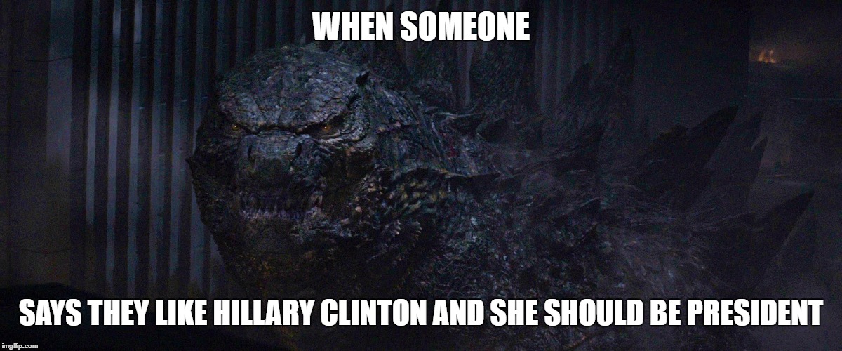 the face i make | WHEN SOMEONE; SAYS THEY LIKE HILLARY CLINTON AND SHE SHOULD BE PRESIDENT | image tagged in godzilla,hilary clinton | made w/ Imgflip meme maker