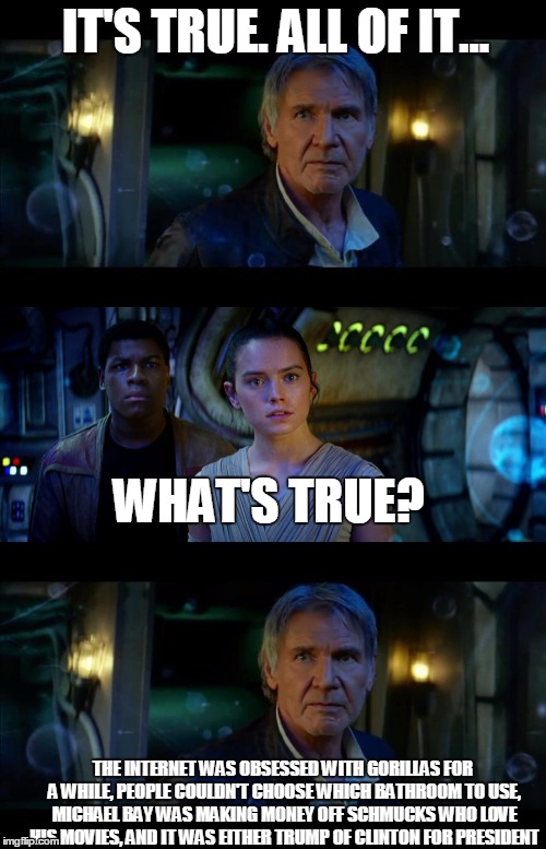 It's True All of It Han Solo | IT'S TRUE. ALL OF IT... WHAT'S TRUE? THE INTERNET WAS OBSESSED WITH GORILLAS FOR A WHILE, PEOPLE COULDN'T CHOOSE WHICH BATHROOM TO USE, MICHAEL BAY WAS MAKING MONEY OFF SCHMUCKS WHO LOVE HIS MOVIES, AND IT WAS EITHER TRUMP OF CLINTON FOR PRESIDENT | image tagged in memes,it's true all of it han solo | made w/ Imgflip meme maker