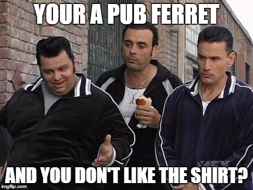 Mafia track suit | YOUR A PUB FERRET; AND YOU DON'T LIKE THE SHIRT? | image tagged in mafia track suit | made w/ Imgflip meme maker