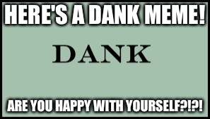 WHere do I put my money? In the DANK! | HERE'S A DANK MEME! ARE YOU HAPPY WITH YOURSELF?!?! | image tagged in dank,dank meme,dank memes | made w/ Imgflip meme maker