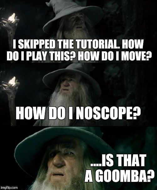 Confused Gandalf Meme | I SKIPPED THE TUTORIAL. HOW DO I PLAY THIS? HOW DO I MOVE? HOW DO I NOSCOPE? ....IS THAT A GOOMBA? | image tagged in memes,confused gandalf | made w/ Imgflip meme maker