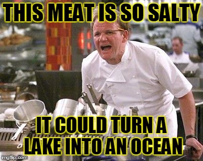 Gordon Ramsey meme | THIS MEAT IS SO SALTY; IT COULD TURN A LAKE INTO AN OCEAN | image tagged in memes,funny,chef gordon ramsay | made w/ Imgflip meme maker