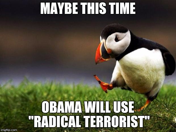 Unpopular Opinion Puffin Meme | MAYBE THIS TIME; OBAMA WILL USE "RADICAL TERRORIST" | image tagged in memes,unpopular opinion puffin | made w/ Imgflip meme maker