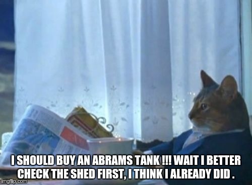 I Should Buy A Boat Cat | I SHOULD BUY AN ABRAMS TANK !!! WAIT I BETTER CHECK THE SHED FIRST, I THINK I ALREADY DID . | image tagged in memes,i should buy a boat cat | made w/ Imgflip meme maker