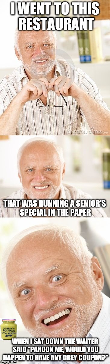 Hide the pun Harold | I WENT TO THIS RESTAURANT; THAT WAS RUNNING A SENIOR'S SPECIAL IN THE PAPER; WHEN I SAT DOWN THE WAITER SAID "PARDON ME, WOULD YOU HAPPEN TO HAVE ANY GREY COUPON?" | image tagged in hide the pun harold | made w/ Imgflip meme maker