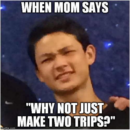 WHEN MOM SAYS; "WHY NOT JUST MAKE TWO TRIPS?" | image tagged in that face you make when,the face you make,my face when | made w/ Imgflip meme maker