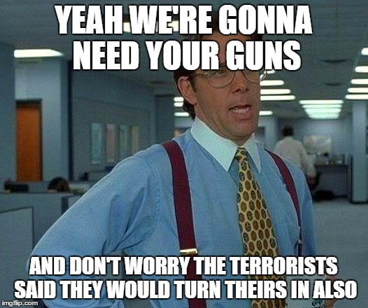 we're gonna need your guns | YEAH WE'RE GONNA NEED YOUR GUNS; AND DON'T WORRY THE TERRORISTS SAID THEY WOULD TURN THEIRS IN ALSO | image tagged in memes,that would be great,guns | made w/ Imgflip meme maker