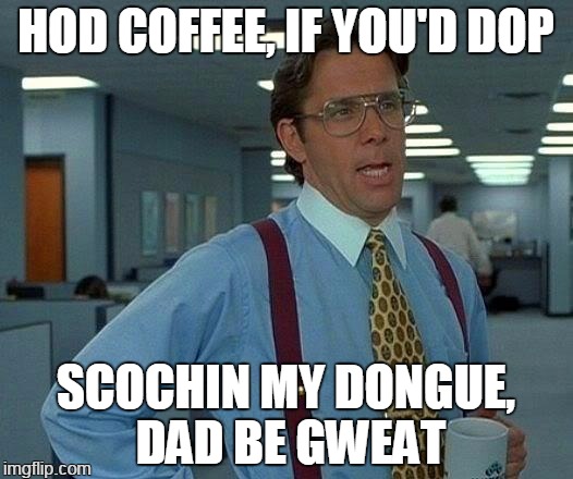 test it on your forearm first | HOD COFFEE, IF YOU'D DOP; SCOCHIN MY DONGUE, DAD BE GWEAT | image tagged in memes,that would be great | made w/ Imgflip meme maker