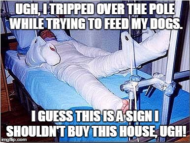 Hospital | UGH, I TRIPPED OVER THE POLE WHILE TRYING TO FEED MY DOGS. I GUESS THIS IS A SIGN I SHOULDN'T BUY THIS HOUSE, UGH! | image tagged in hospital | made w/ Imgflip meme maker