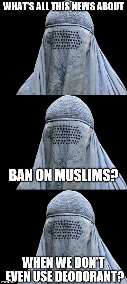 Bad Pun Burka | WHAT'S ALL THIS NEWS ABOUT; BAN ON MUSLIMS? WHEN WE DON'T EVEN USE DEODORANT? | image tagged in bad pun burka | made w/ Imgflip meme maker