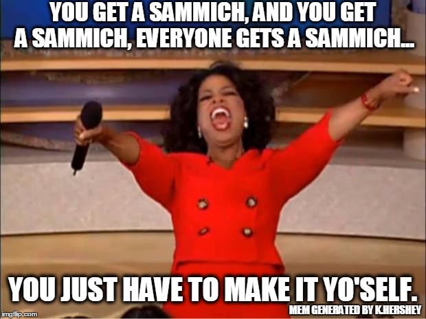 Oprah You Get A | YOU GET A SAMMICH, AND YOU GET A SAMMICH, EVERYONE GETS A SAMMICH... YOU JUST HAVE TO MAKE IT YO'SELF. MEM GENERATED BY K.HERSHEY | image tagged in memes,oprah you get a,sammich,sandwich | made w/ Imgflip meme maker