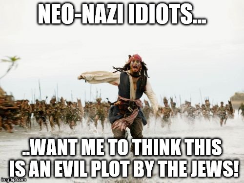 Jack Sparrow Being Chased Meme | NEO-NAZI IDIOTS... ..WANT ME TO THINK THIS IS AN EVIL PLOT BY THE JEWS! | image tagged in memes,jack sparrow being chased | made w/ Imgflip meme maker