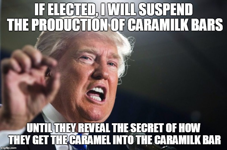 Presumptive Republican candidate Donald Trump speaks out | IF ELECTED, I WILL SUSPEND THE PRODUCTION OF CARAMILK BARS; UNTIL THEY REVEAL THE SECRET OF HOW THEY GET THE CARAMEL INTO THE CARAMILK BAR | image tagged in donald trump,memes,caramilk,election 2016 | made w/ Imgflip meme maker