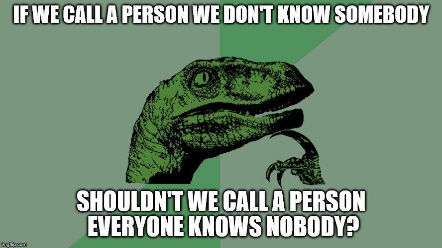 Philosophy Dinosaur | IF WE CALL A PERSON WE DON'T KNOW SOMEBODY; SHOULDN'T WE CALL A PERSON EVERYONE KNOWS NOBODY? | image tagged in philosophy dinosaur | made w/ Imgflip meme maker