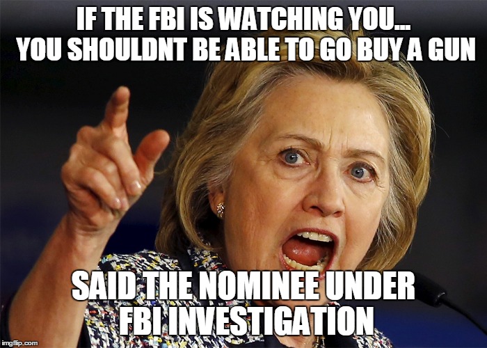 Hillary Clinton | IF THE FBI IS WATCHING YOU... YOU SHOULDNT BE ABLE TO GO BUY A GUN; SAID THE NOMINEE UNDER FBI INVESTIGATION | image tagged in hillary clinton | made w/ Imgflip meme maker