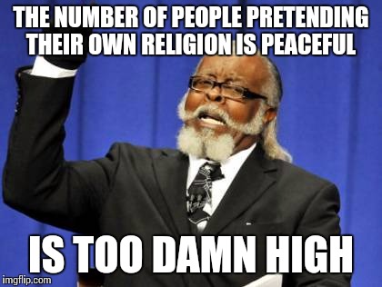 Too Damn High |  THE NUMBER OF PEOPLE PRETENDING THEIR OWN RELIGION IS PEACEFUL; IS TOO DAMN HIGH | image tagged in memes,too damn high | made w/ Imgflip meme maker