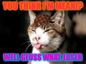 "Loser" kitty | YOU THINK I'M MEAN!? WELL GEUSS WHAT, LOSER | image tagged in loser kitty,scumbag | made w/ Imgflip meme maker